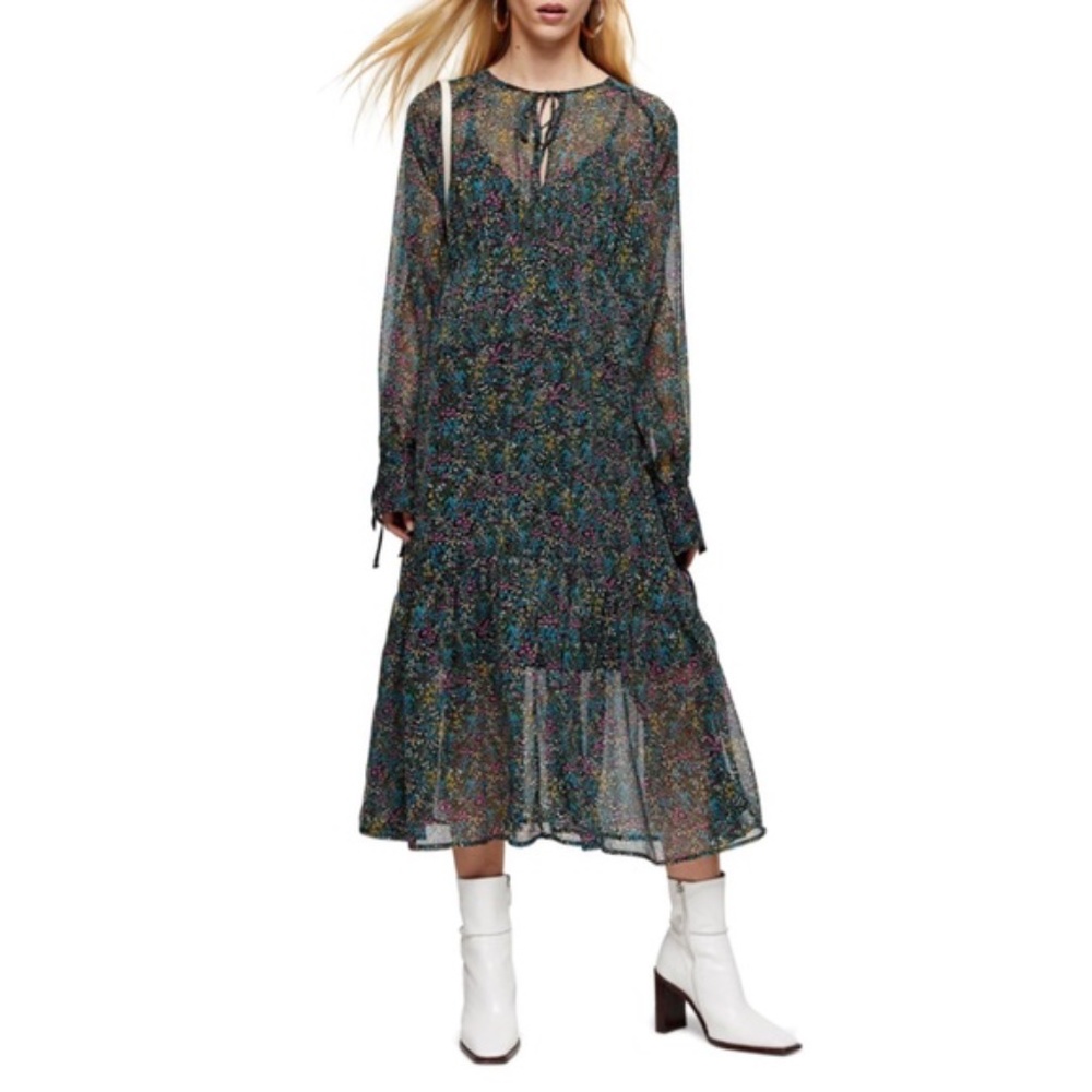 TOPSHOP Ditsy Floral Chiffon Midi Dress